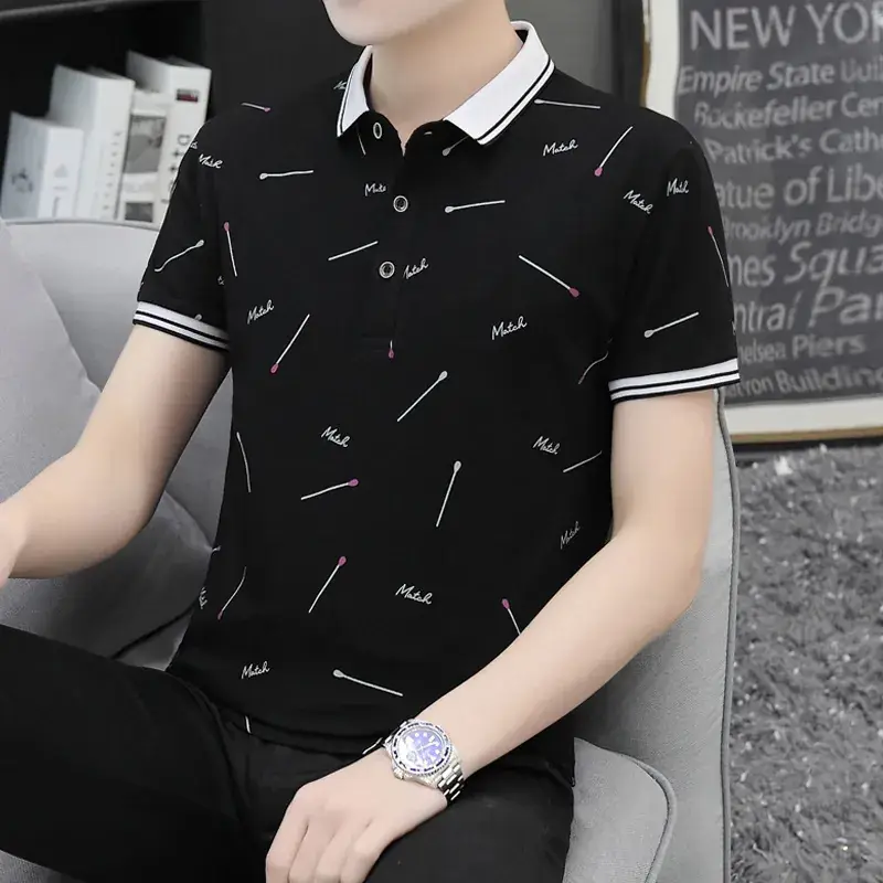 Men Printed Polo Shirt Black White Stripes Short Sleeve - Image 6