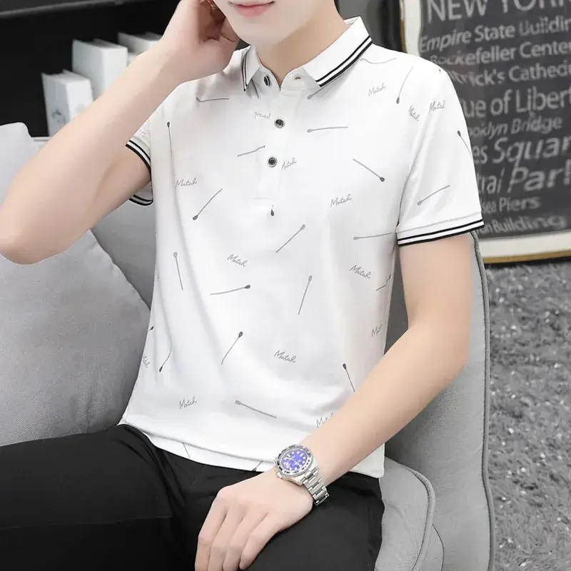 Men Printed Polo Shirt Black White Stripes Short Sleeve - Image 7