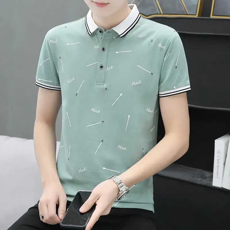 Men Printed Polo Shirt Black White Stripes Short Sleeve - Image 8