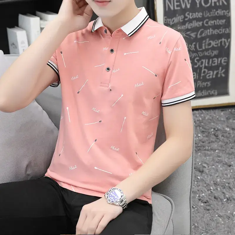 Men Printed Polo Shirt Black White Stripes Short Sleeve - Image 9
