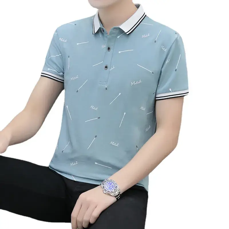 Men Printed Polo Shirt Black White Stripes Short Sleeve - Image 10