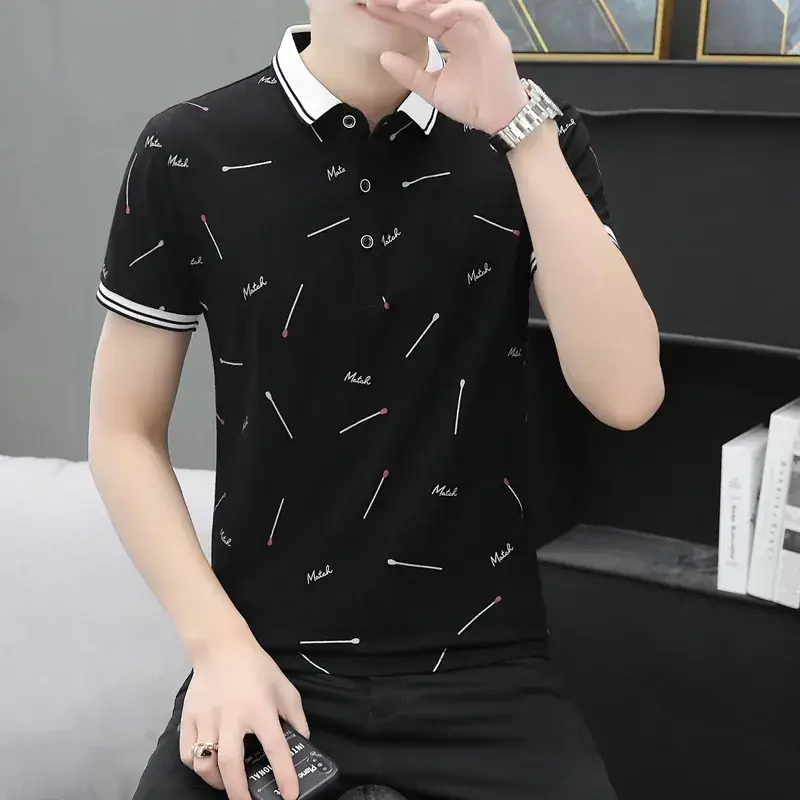 Men Printed Polo Shirt Black White Stripes Short Sleeve - Image 3