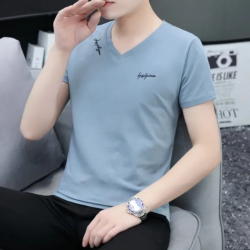 Men V-Neck Black T-Shirt Short Sleeve Lightweight - Image 6