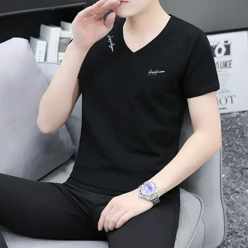 Men V-Neck Black T-Shirt Short Sleeve Lightweight - Image 7