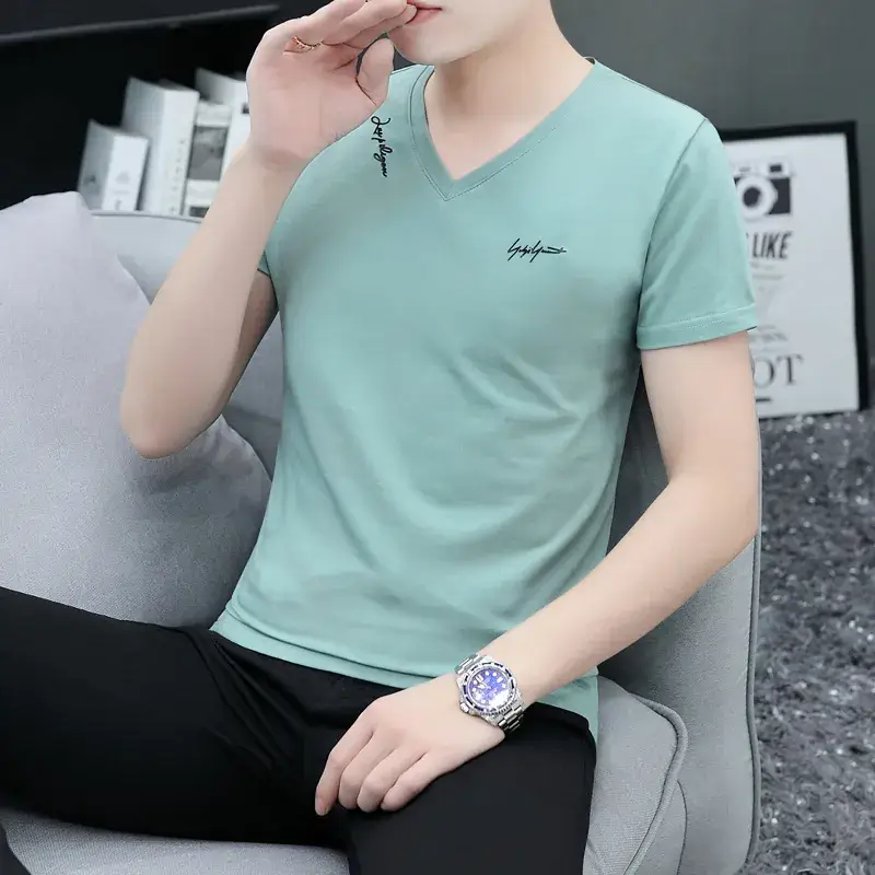 Men V-Neck Black T-Shirt Short Sleeve Lightweight - Image 8