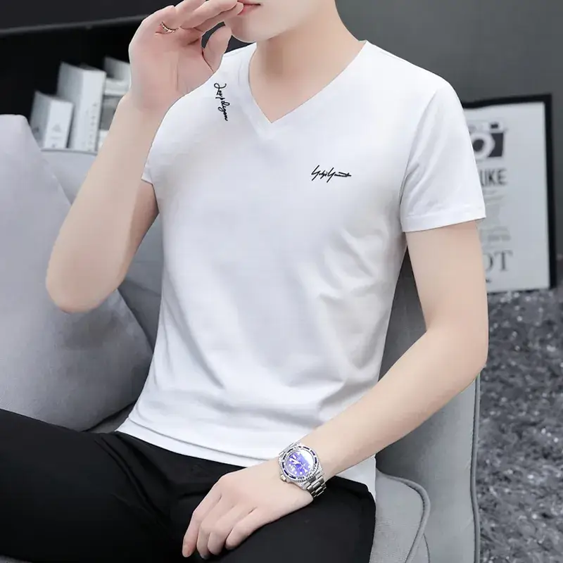 Men V-Neck Black T-Shirt Short Sleeve Lightweight - Image 9