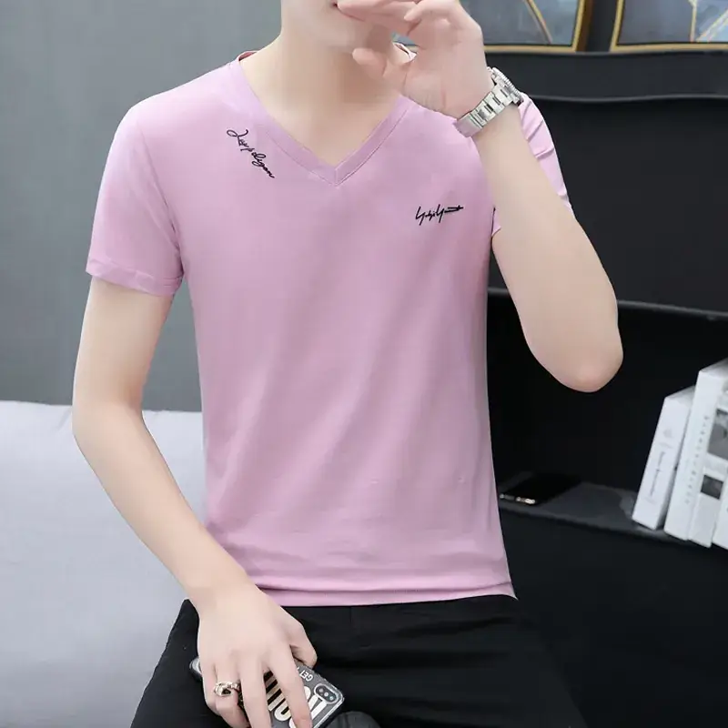 Men V-Neck Black T-Shirt Short Sleeve Lightweight - Image 2