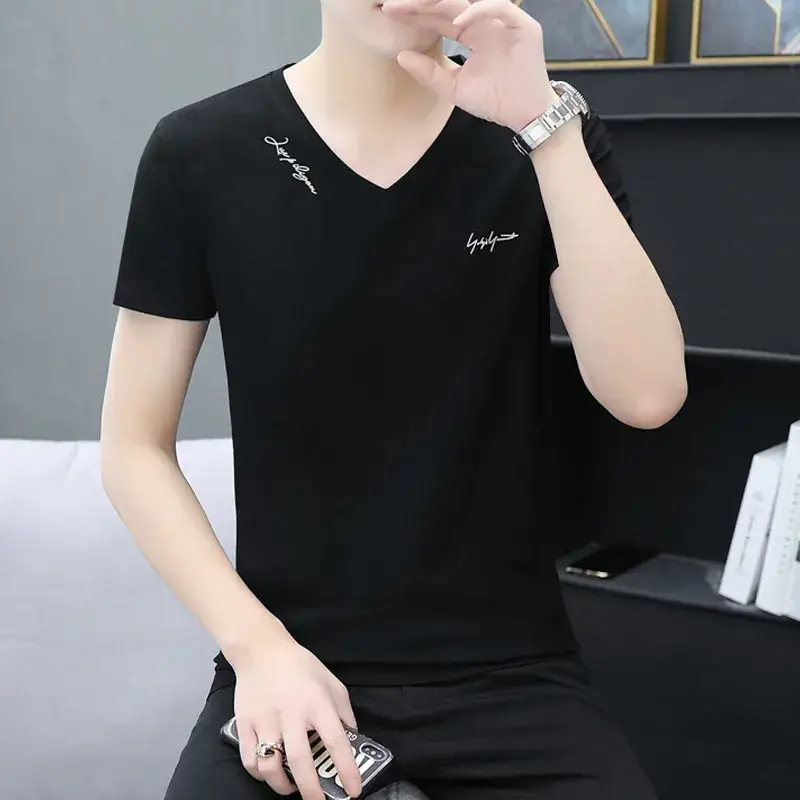 Men V-Neck Black T-Shirt Short Sleeve Lightweight - Image 3