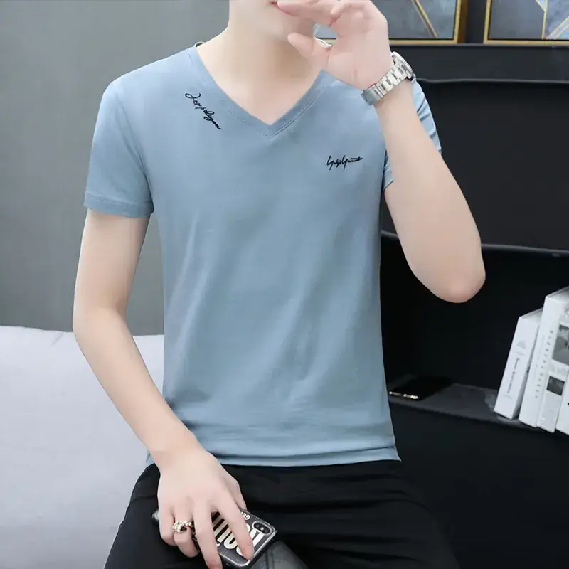 Men V-Neck Black T-Shirt Short Sleeve Lightweight - Image 4