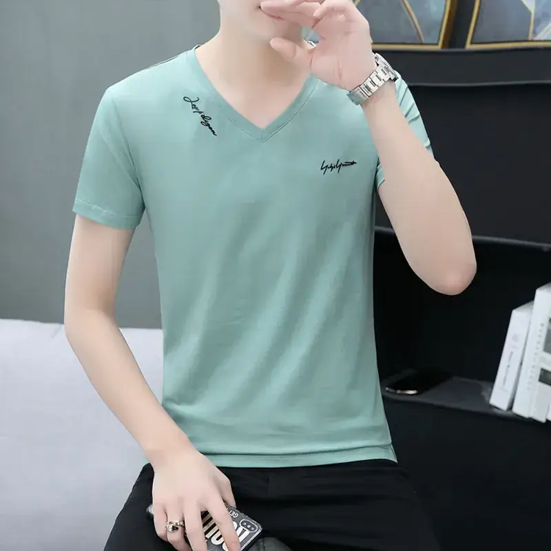 Men V-Neck Black T-Shirt Short Sleeve Lightweight - Image 5