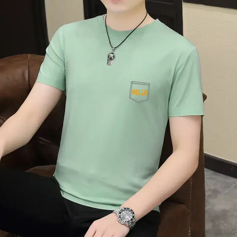 Men Slim Fit Printed T-Shirt Light Green Short Sleeve
