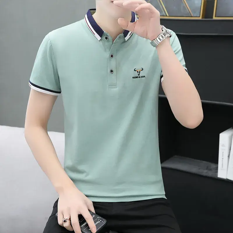 Men Cotton Polo T-Shirt Mint Green Short Sleeve - Image 6