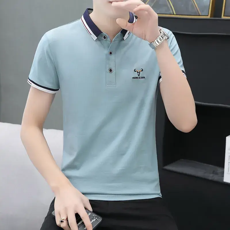 Men Cotton Polo T-Shirt Mint Green Short Sleeve - Image 9