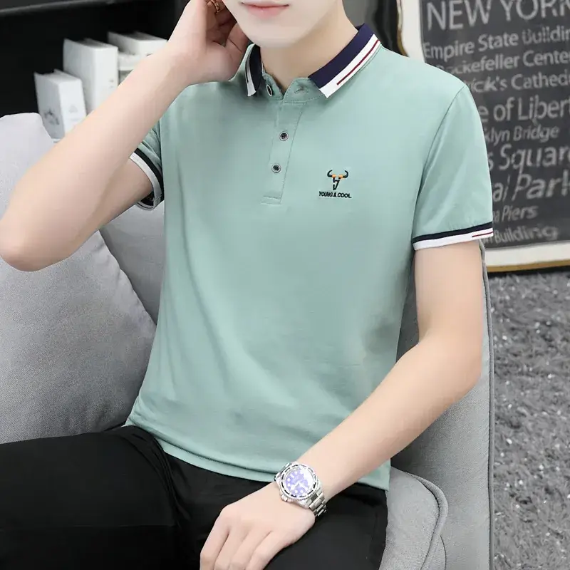 Men Cotton Polo T-Shirt Mint Green Short Sleeve - Image 4