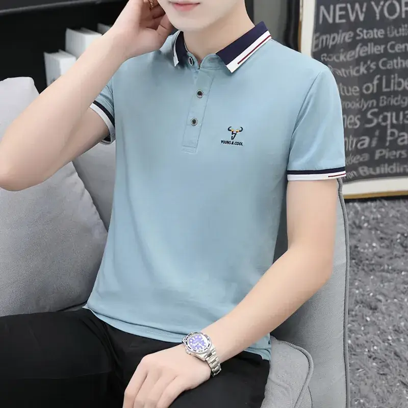 Men Cotton Polo T-Shirt Mint Green Short Sleeve - Image 5