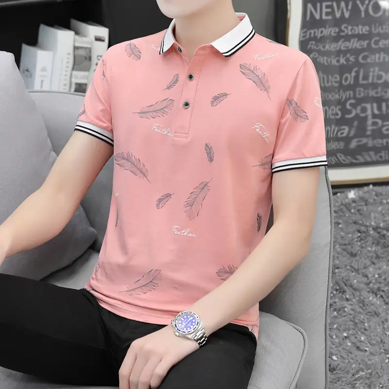Men's Grey Feather Print Polo T-Shirt Short Sleeve Casual - Image 2