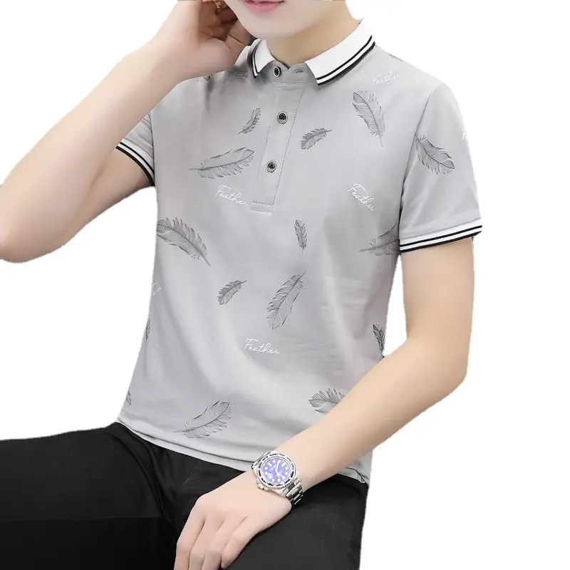 Men's Grey Feather Print Polo T-Shirt Short Sleeve Casual - Image 6
