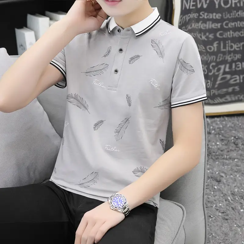 Men's Grey Feather Print Polo T-Shirt Short Sleeve Casual - Image 3