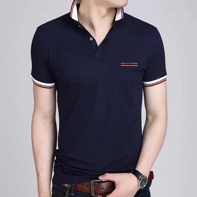 Men Navy Blue Slim Fit Polo T-Shirt with Red White Trim - Image 3