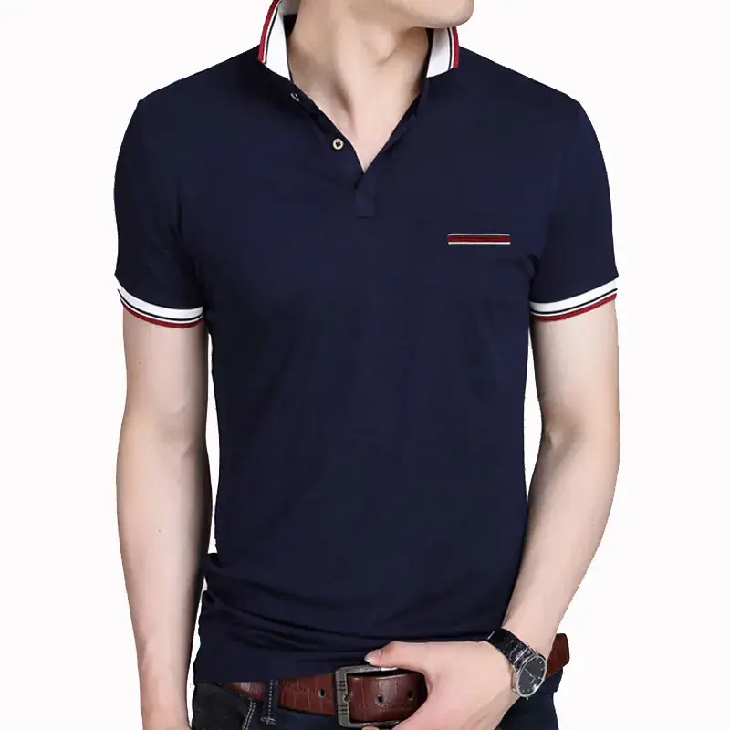 Men Navy Blue Slim Fit Polo T-Shirt with Red White Trim - Image 6