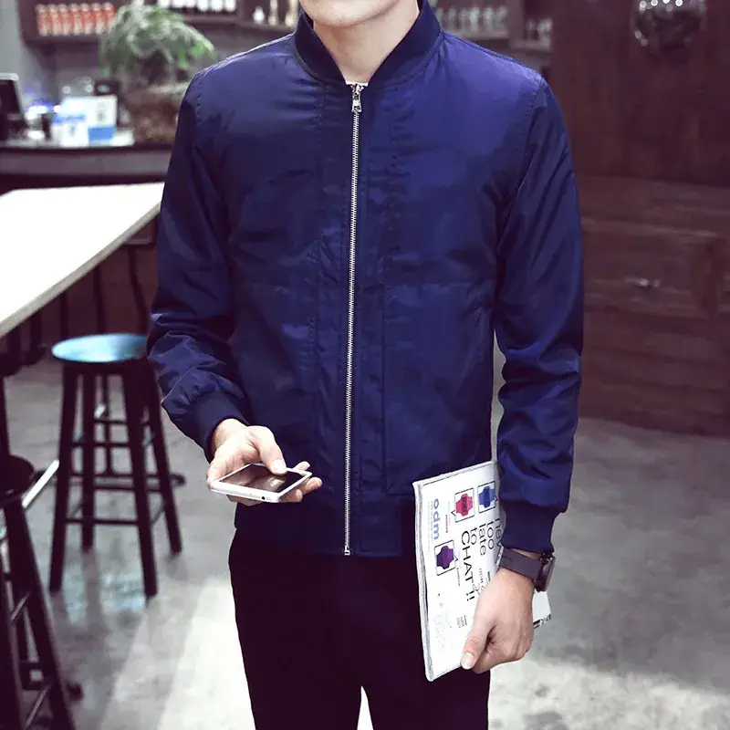Men's Blue Baseball Collar Jacket Slim Fit Korean Style - Image 5