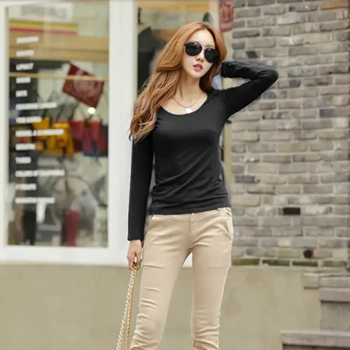 Women Fleece Lined Warm T-Shirt Navy Blue Round Neck - Image 15