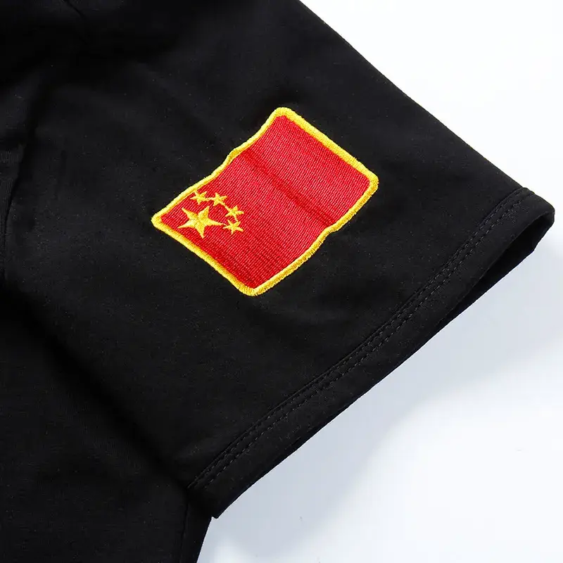 Men Black Chinese Flag Embroidered Slim Fit T-Shirt