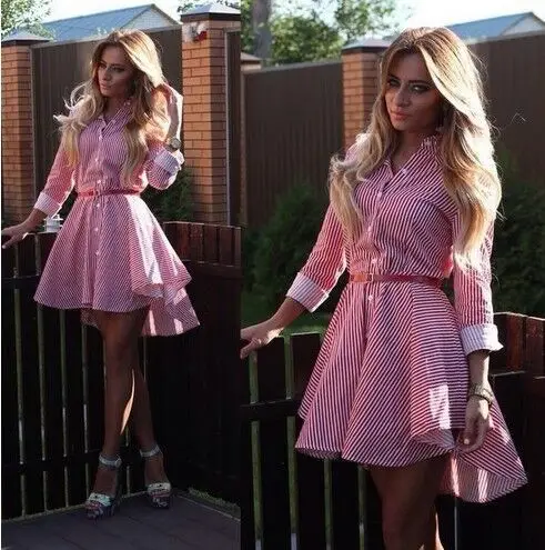 Women's Pink Striped Pleated Swallowtail Dress - Image 5