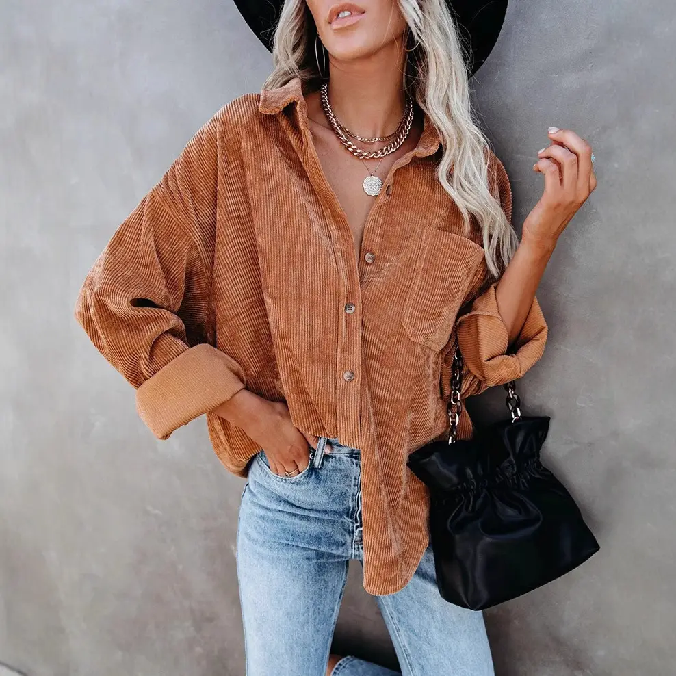 Women's Corduroy Button Shirt Maroon 2024 Autumn Winter