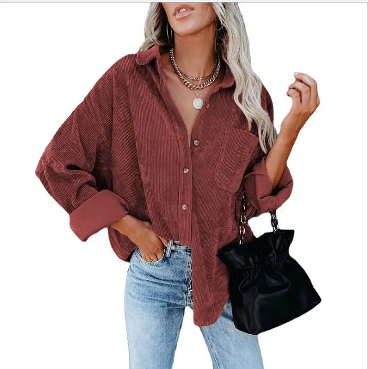 Women's Corduroy Button Shirt Maroon 2024 Autumn Winter