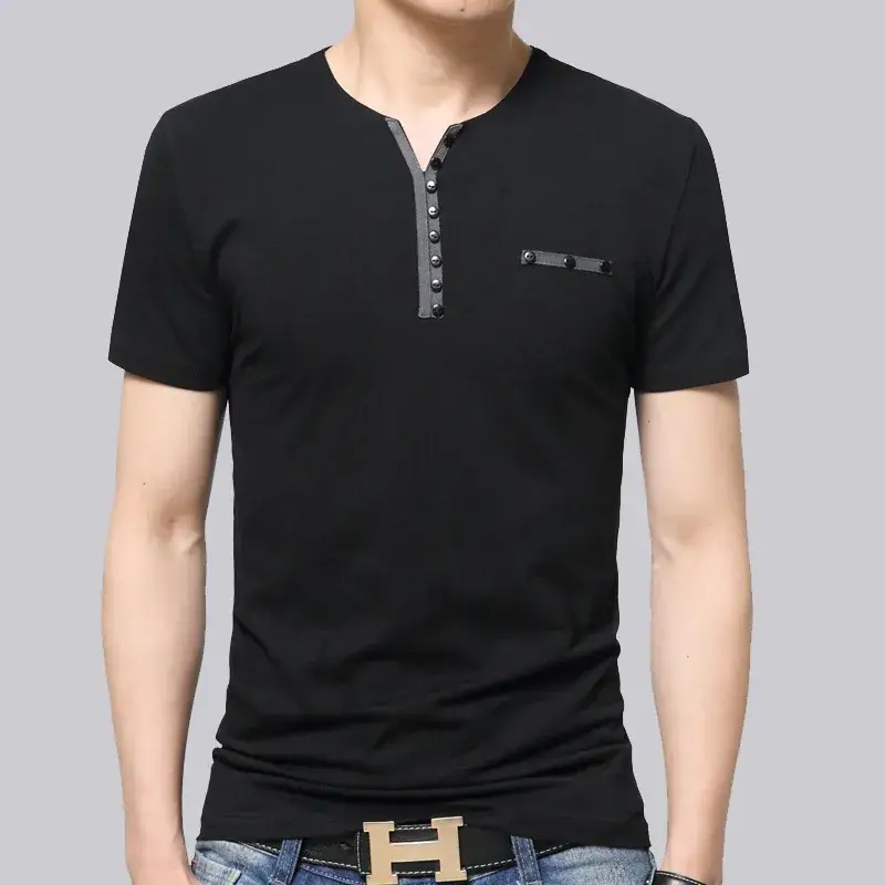 Men Slim Fit V-Neck Cotton T-Shirt Grey