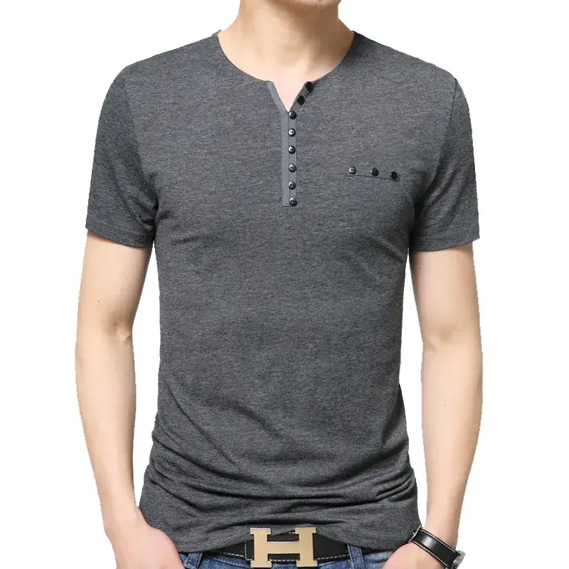 Men Slim Fit V-Neck Cotton T-Shirt Grey