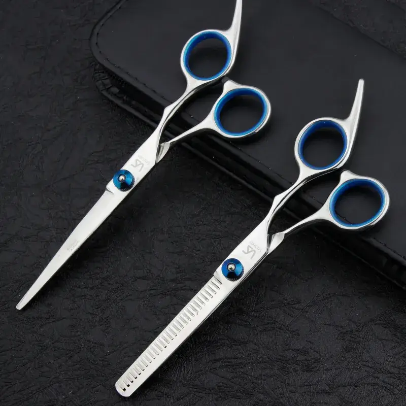 Stainless Steel Barber Scissors with Blue Handles - Image 2