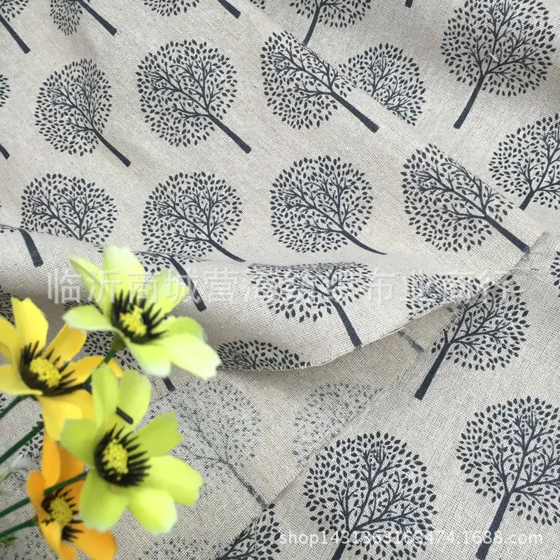 Linen Fabric with Small Tree Print for DIY Home Decor