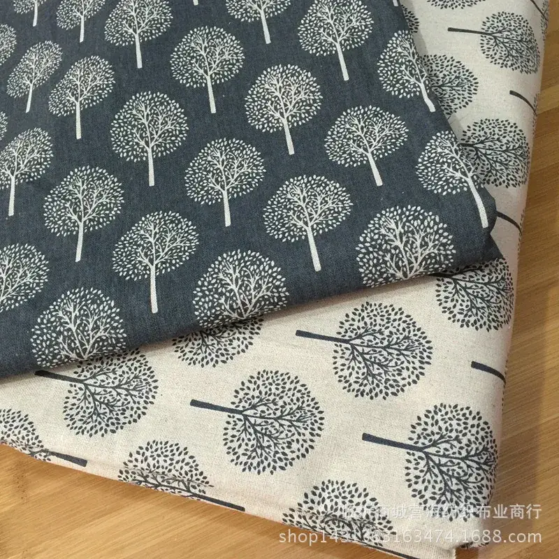 Linen Fabric with Small Tree Print for DIY Home Decor