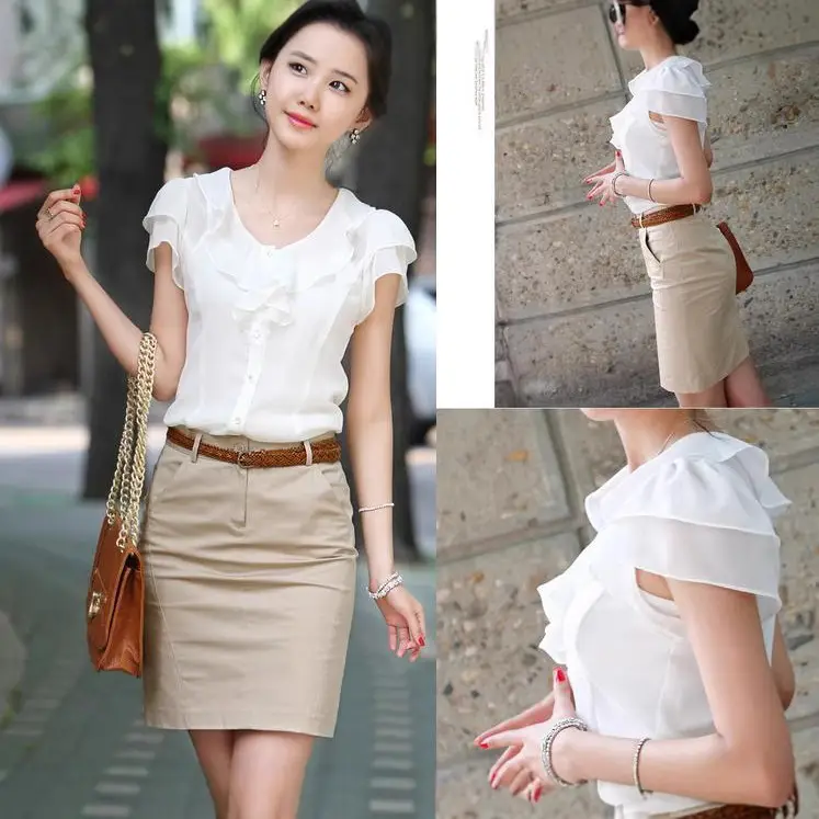 White Korean Style Ruffled Lace Shirt for Women - Image 2
