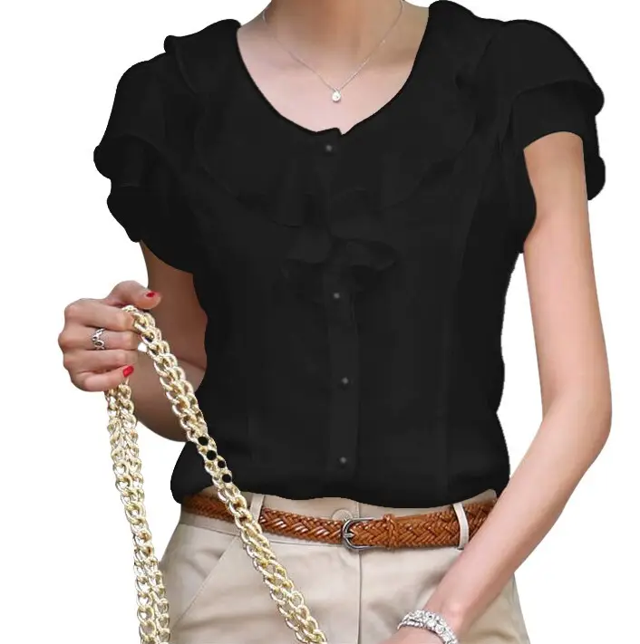White Korean Style Ruffled Lace Shirt for Women - Image 3