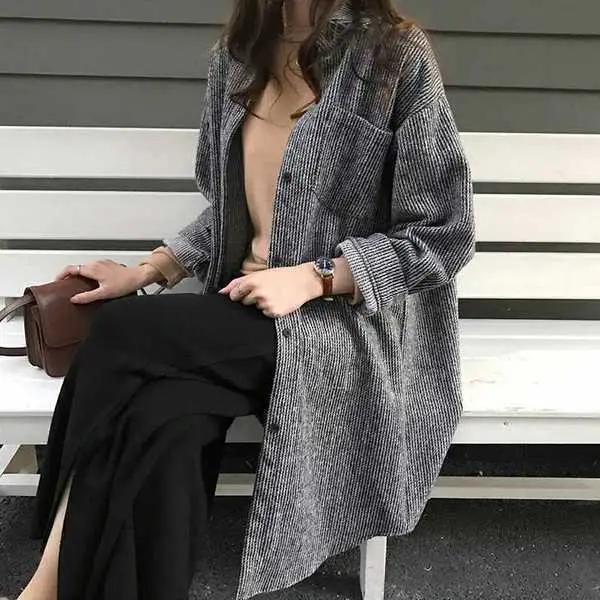 Women's Grey Corduroy Mid-Length Jacket with Fleece Hood - Image 2