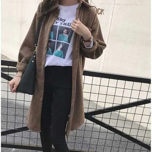 Women's Grey Corduroy Mid-Length Jacket with Fleece Hood - Image 3