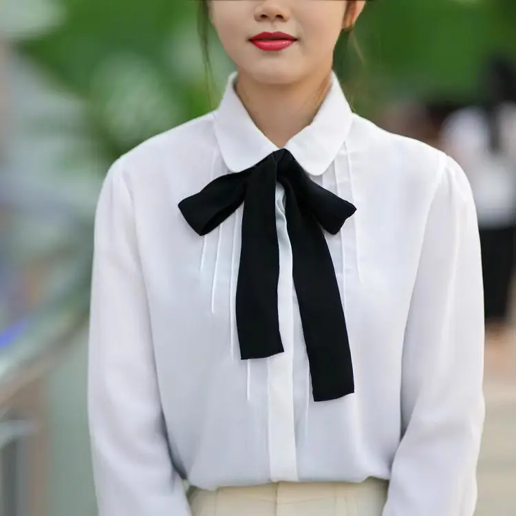 Women Korean Style White Butterfly Bow Tie Collar Chiffon Shirt - Image 3