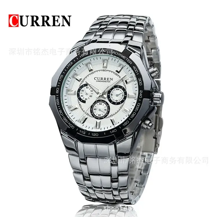 Men's Silver Chronograph Watch with Red Dial