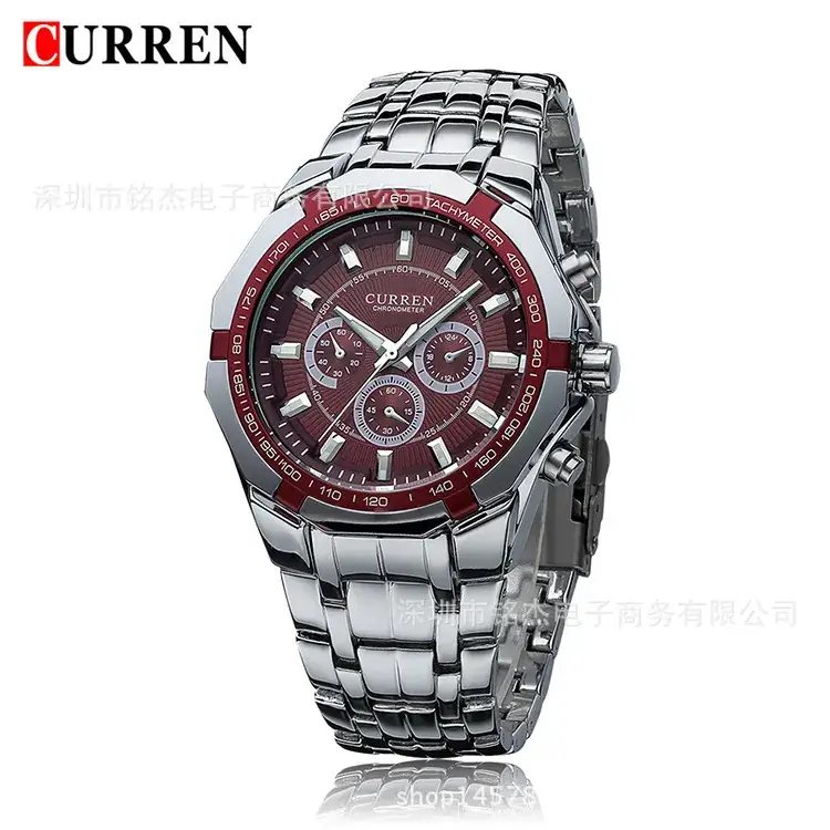 Men's Silver Chronograph Watch with Red Dial