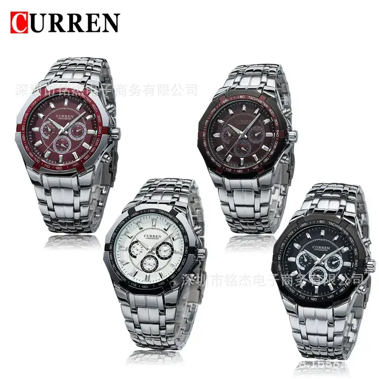 Men's Silver Chronograph Watch with Red Dial