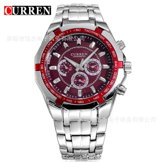 Men's Silver Chronograph Watch with Red Dial