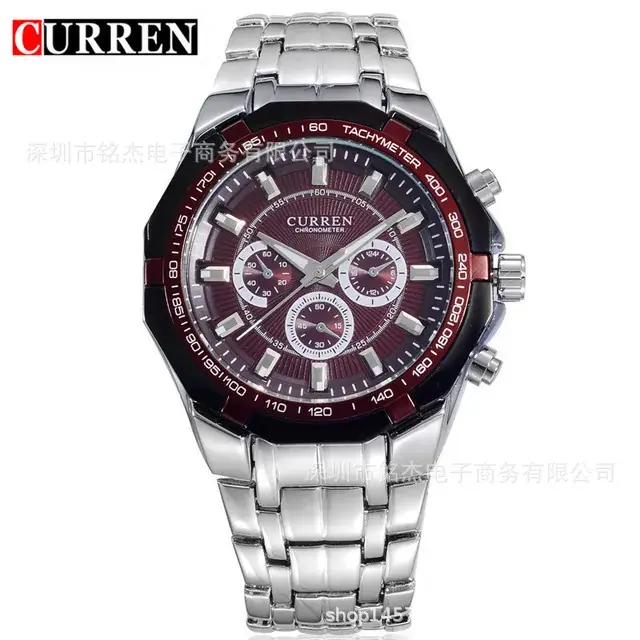 Men's Silver Chronograph Watch with Red Dial