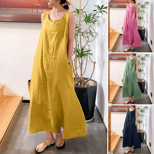 Women Long Sleeve Red Linen Dress Loose Fit - Image 7