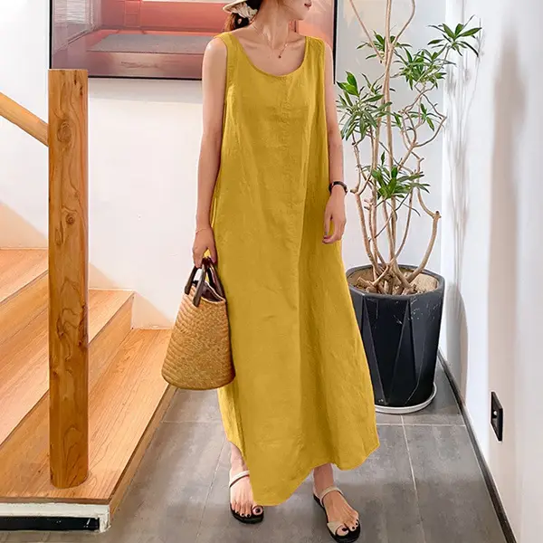 Women Long Sleeve Red Linen Dress Loose Fit - Image 2