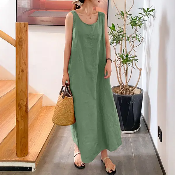 Women Long Sleeve Red Linen Dress Loose Fit - Image 3