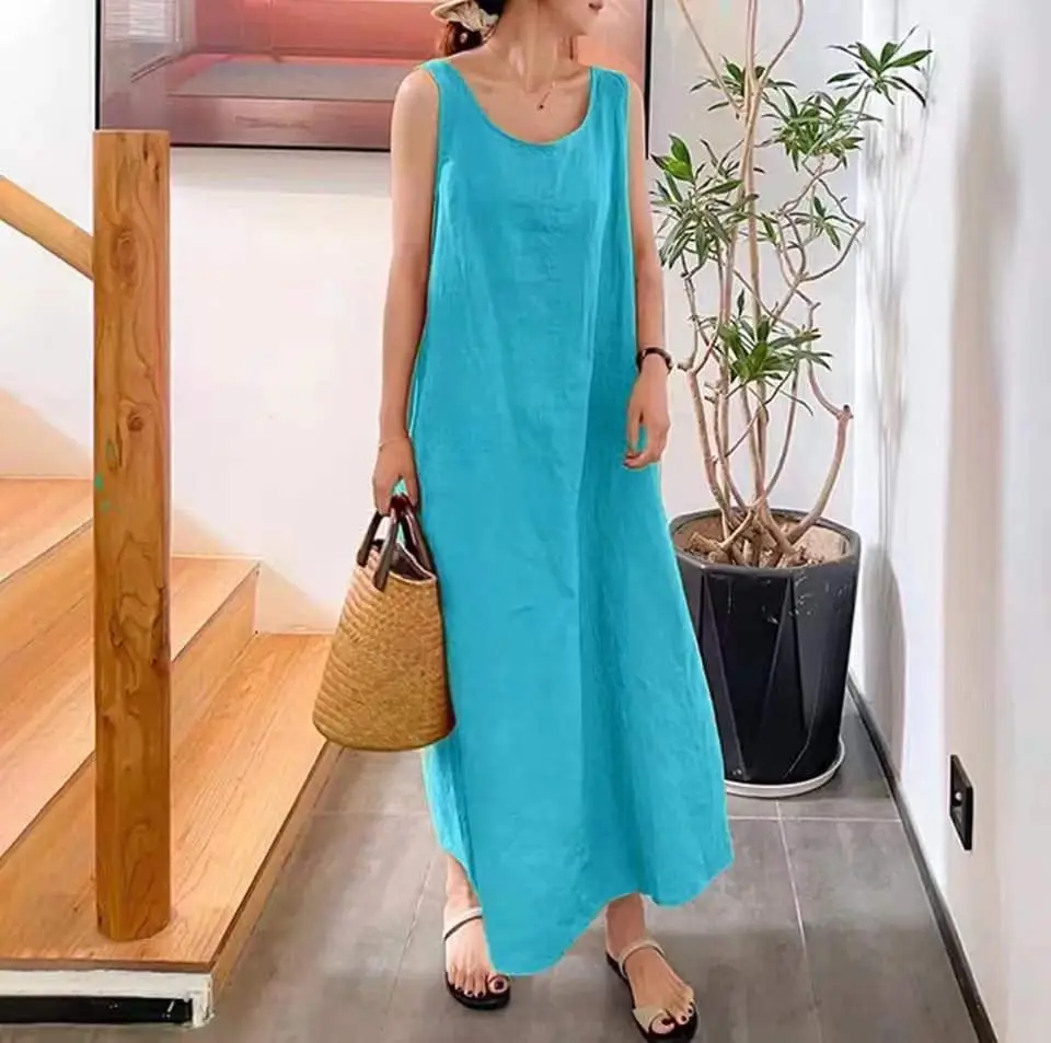 Women Long Sleeve Red Linen Dress Loose Fit - Image 5