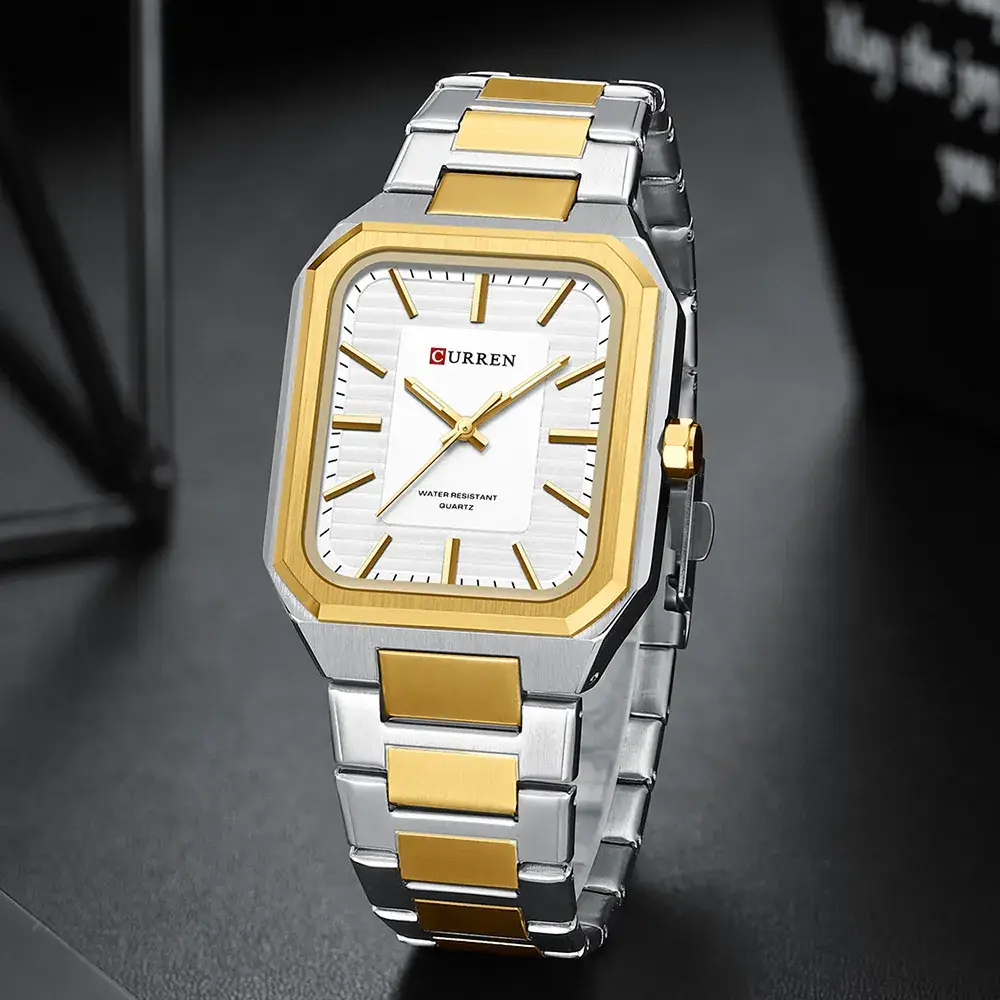 Men's Gold Silver Quartz Watch with Chain Strap